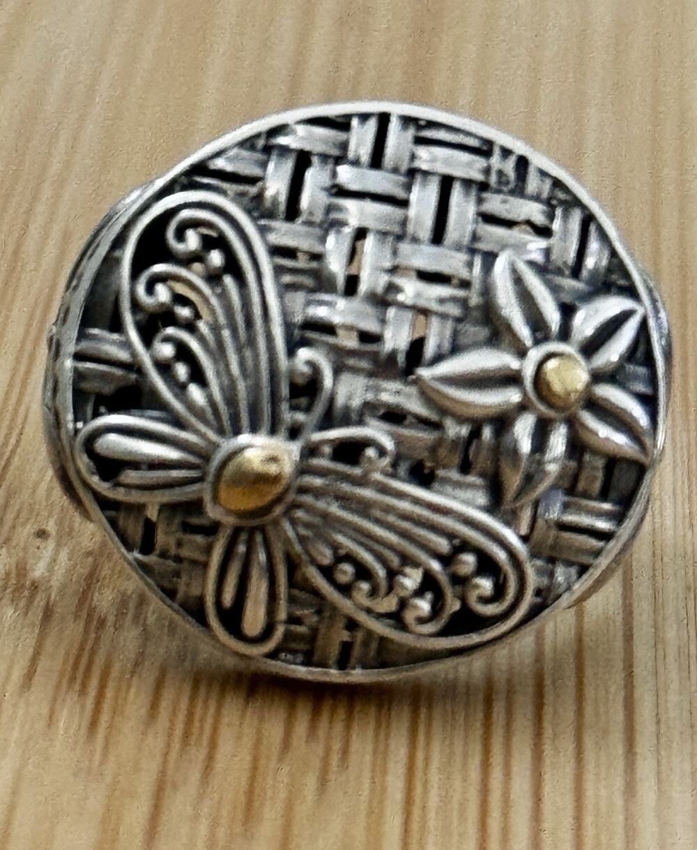 Robert Manse M ID 925 Sterling and 18K Gold Dragonfly Flower Sz 8.5 Bali 7g